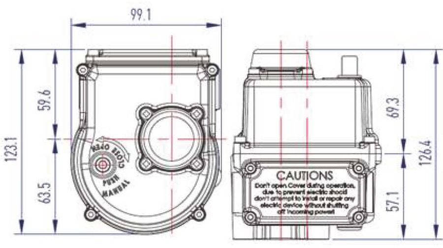 Dimension drawing of the KOSAPLUS safe return electric actuator (KE005-CR)